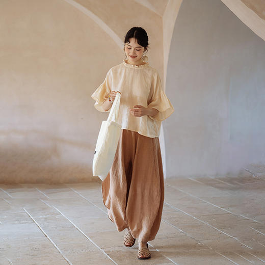 绽放365+018【甜茶系列·牛角包】干洗亚麻拼接线条设计感休闲灯笼裤 商品图4
