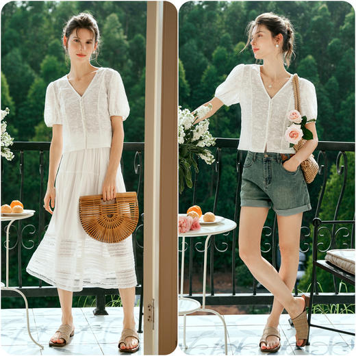 OLrain欧芮儿白色蕾丝衫女夏季2024年新款法式气质泡泡袖V领上衣 商品图4