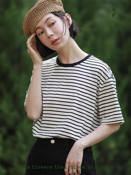 shyshystill/shy202205034/经典条纹法式复古条纹全棉T恤短袖 商品图1