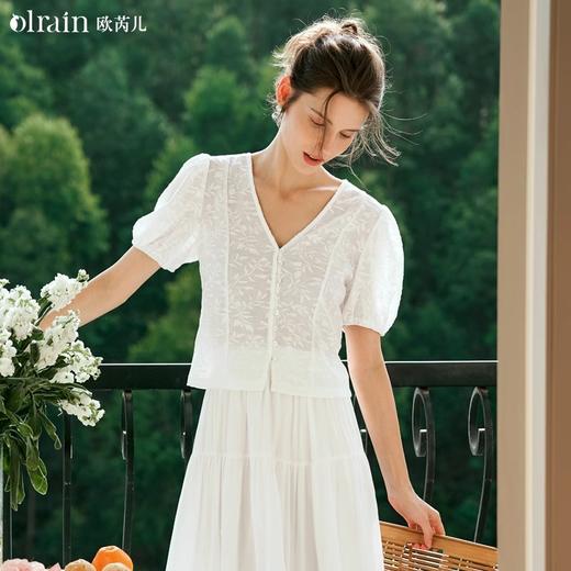 OLrain欧芮儿白色蕾丝衫女夏季2024年新款法式气质泡泡袖V领上衣 商品图0