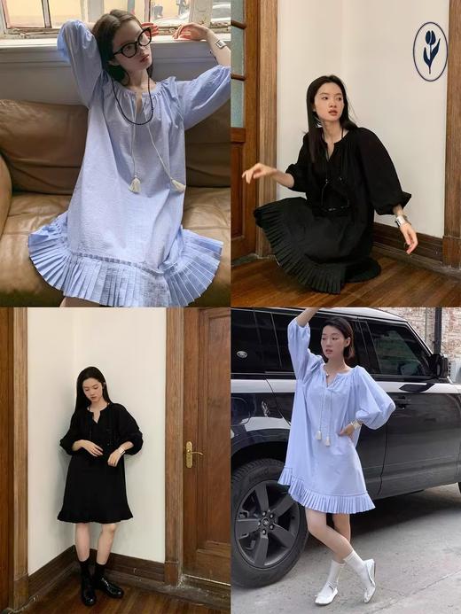 shyshystill/shy202307021/双色格子纯色流苏系带松弛感长款衬衫裙 商品图3