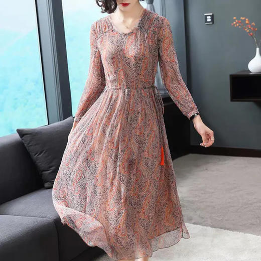 丁摩 新款真丝连衣裙碎花修身桑蚕丝连衣裙20-64 商品图1