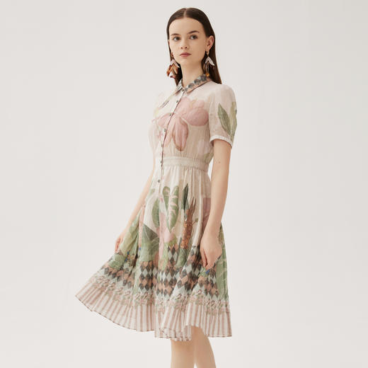 谜底国风印花连衣裙短袖女2024秋款复古浪漫收腰衬衫裙243ML1117 商品图0