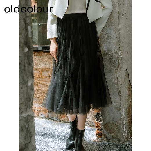 oldcolour春秋季新款通勤风时尚网纱百褶设计感半身裙女P320608A1 商品图2