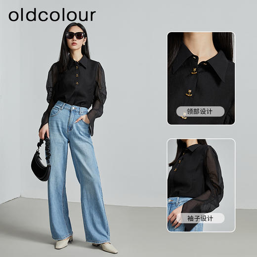 oldcolour秋季新款通勤时尚纯色花边袖长袖衬衫女P310107A1 商品图2