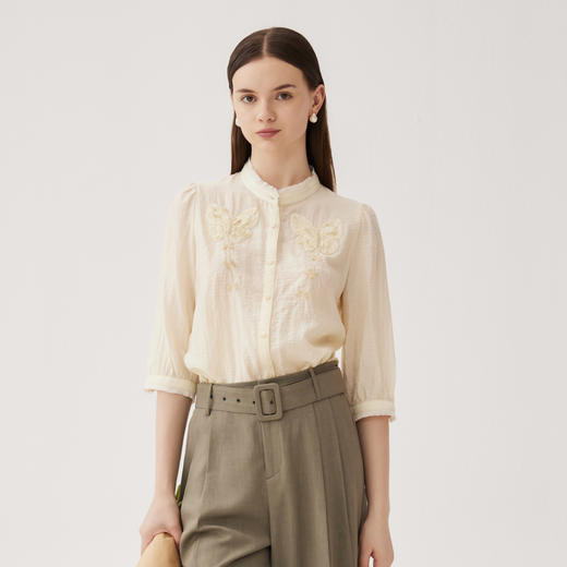 谜底绣花衬衫七分袖女2024秋季新品通勤风亲肤透气衬衣243MC1149 商品图0