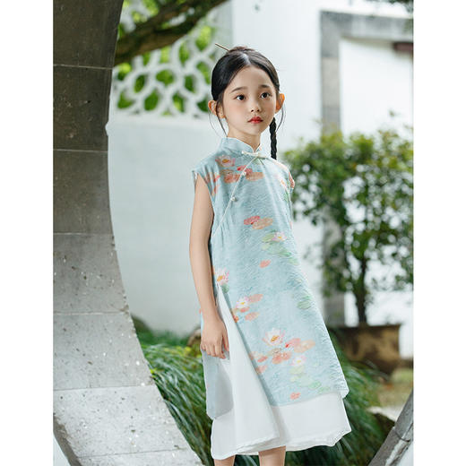 LSB3001女童新中式连衣裙绿色奥黛旗袍夏季2024新款小女孩中国风古风汉服 商品图2