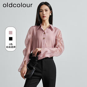 oldcolour秋季新款通勤时尚纯色花边袖长袖衬衫女P310107A1