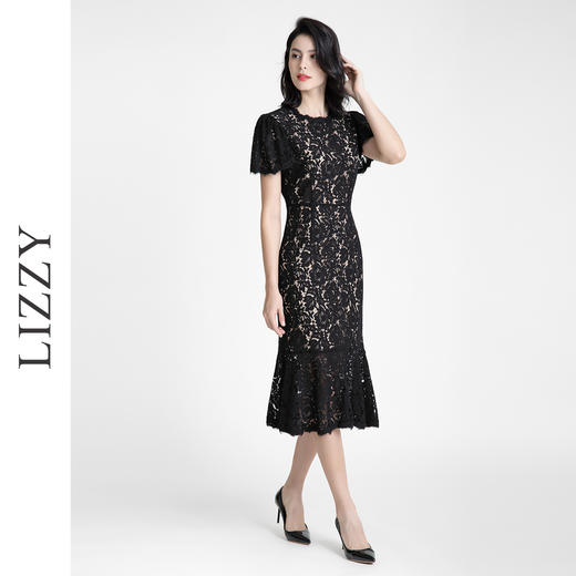 LIZZY 法式优雅古典鱼尾荷叶袖假透肤收腰长款连衣裙7617 商品图1