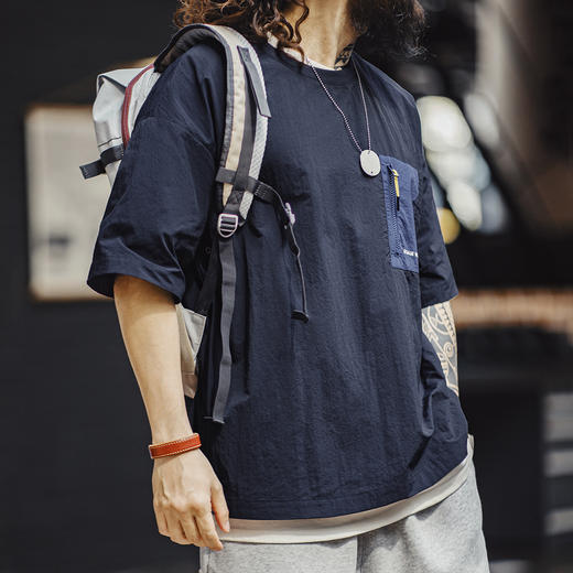 工装优选 山系户外薄款口袋拼接短袖T恤落肩尼龙透气半袖体恤男夏 商品图4