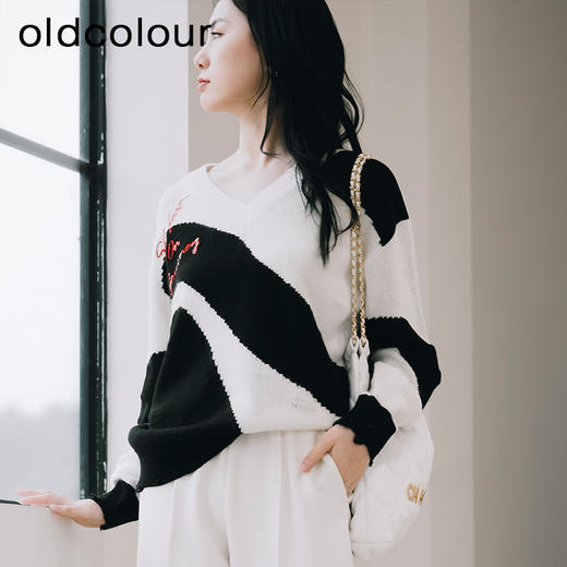 oldcolour撞色针织衫春秋新品气质百搭宽松V领长袖上衣女P11052121 商品图1