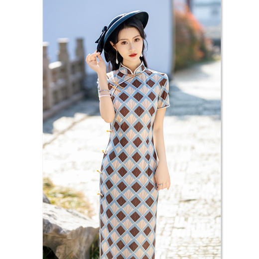 SKY文艺格子长款短袖旗袍2024夏季新款复古国风年轻少女旗袍裙 商品图0