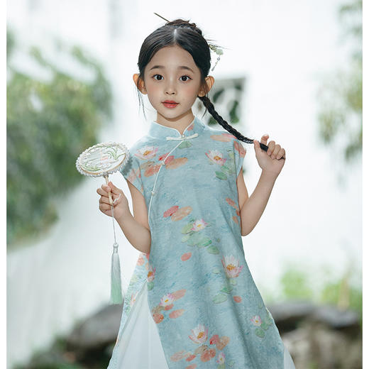LSB3001女童新中式连衣裙绿色奥黛旗袍夏季2024新款小女孩中国风古风汉服 商品图0