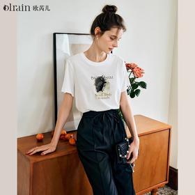 OLrain欧芮儿法式白色短袖T恤女夏2024新款钉珠印花圆领正肩上衣