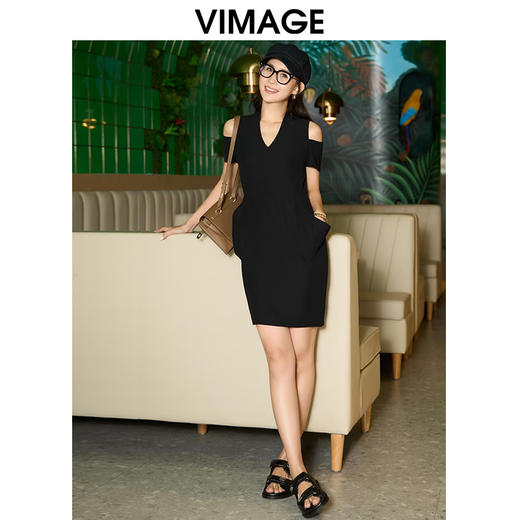转款下架-VIMAGE纬漫纪夏季新款V领时尚OL漏肩通勤气质修身显瘦连衣裙V2107761 商品图1