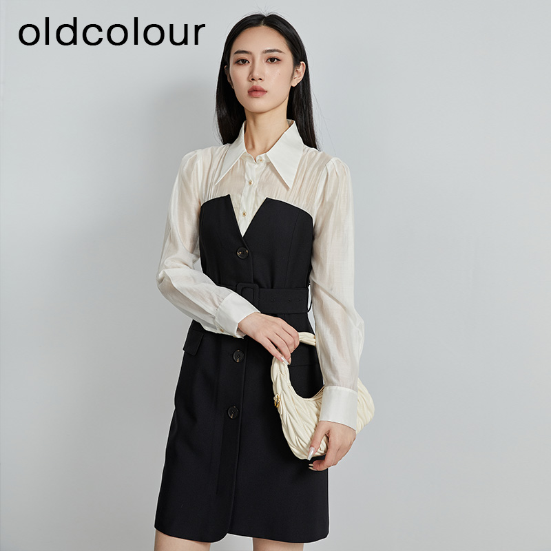 oldcolour秋季新款拼接假两件是时尚通勤长袖连衣裙女P331006A1
