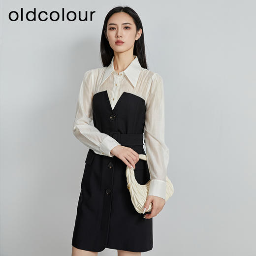 oldcolour秋季新款拼接假两件是时尚通勤长袖连衣裙女P331006A1 商品图0