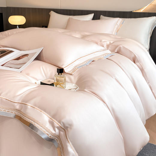 【一抹淸“凉“，夏日睡眠新宠儿】夏季新款 凉感天丝四件套 纯色高端刺绣 冰丝床上用品 家用被套床单四件套-QQ 商品图0