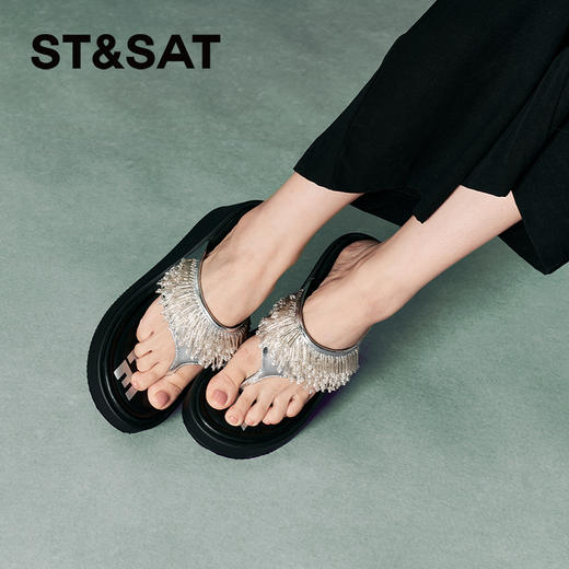 星期六摩登时髦流苏厚底坡跟人字拖SSC2110321 商品图1