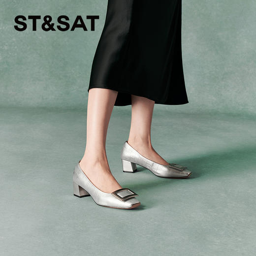 星期六通勤百搭简约方扣粗跟单鞋SSC3111041 商品图6