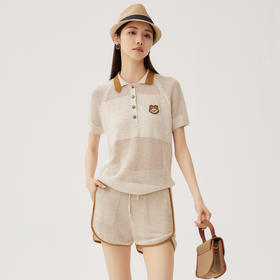 谜底针织套装女士2024秋季新品文艺风拼色针织衫+短裤243MZT1282