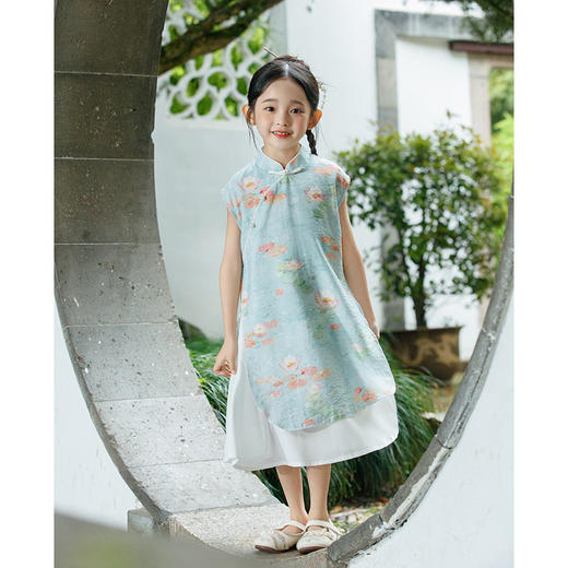 LSB3001女童新中式连衣裙绿色奥黛旗袍夏季2024新款小女孩中国风古风汉服 商品图3
