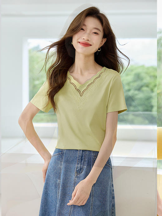 【专属特价】熙世界正肩t恤短袖2025夏季新款宽松显瘦刺绣V领百搭甜美上衣 商品图6