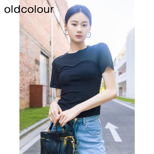 oldcolour秋季新款经典圆领短袖T恤女修身弧形显瘦百搭P310501A1 商品图1
