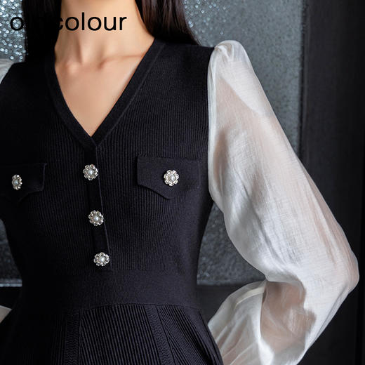 oldcolour秋季新款优雅气质拼接设计感修身显瘦连衣裙女P341006A1 商品图4