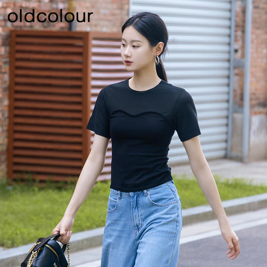 oldcolour秋季新款经典圆领短袖T恤女修身弧形显瘦百搭P310501A1 商品图4