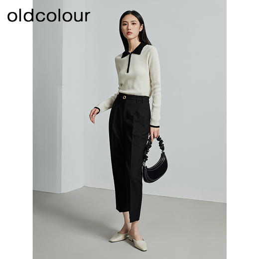 oldcolour秋季新款Polo领黑白拼接针织衫女翻领套头衫P340519A1 商品图2
