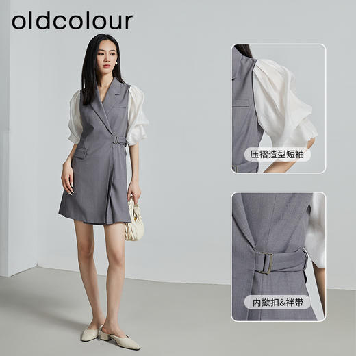 oldcolour秋季新款收腰显瘦泡泡袖拼接短袖连衣裙女P311001A1 商品图1