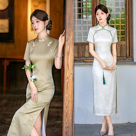 SKY艾旗绣复古改良新中式长款圆襟旗袍2024夏季新款中老年女士旗袍裙