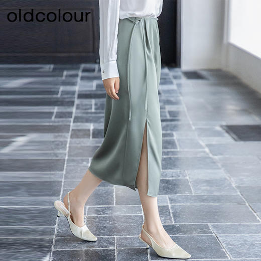 oldcolour春秋季新款气质高级感裹式系带高腰开叉半身裙女P330604A1 商品图2