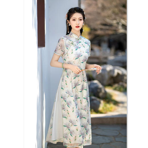 SKY长款天丝奥黛旗袍2024夏季新款时尚改良素雅中式奥黛连衣裙 商品图3