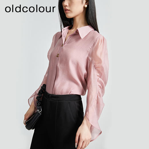 oldcolour秋季新款通勤时尚纯色花边袖长袖衬衫女P310107A1 商品图3