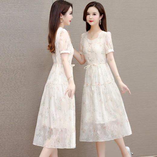 碎花雪纺短袖连衣裙，系带收腰裙短袖中长裙QYM-LRX-NF888-1-Y 商品图2