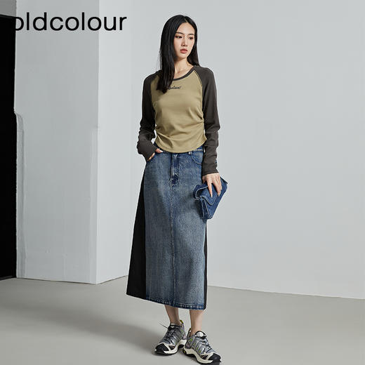 oldcolour秋季新款休闲拼接结构复古风牛仔半身裙女P330603A1 商品图1