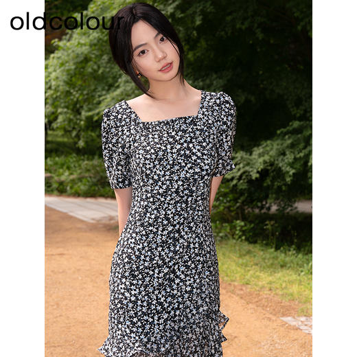 oldcolour碎花连衣裙2023夏季新款方领气质薄款中长裙GP21101737 商品图3