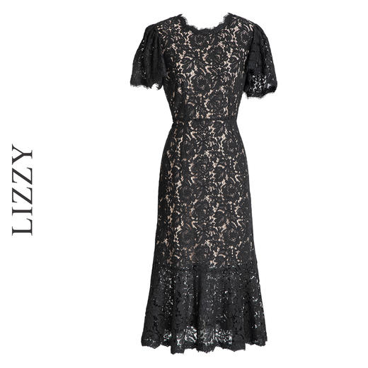 LIZZY 法式优雅古典鱼尾荷叶袖假透肤收腰长款连衣裙7617 商品图4