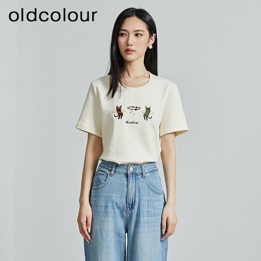 oldcolour秋季新款趣味猫咪刺绣设计感圆领短袖T恤女P310202A1 商品图3