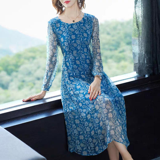 丁摩 新款真丝连衣裙碎花修身桑蚕丝连衣裙20-64 商品图2