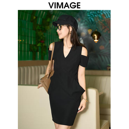 转款下架-VIMAGE纬漫纪夏季新款V领时尚OL漏肩通勤气质修身显瘦连衣裙V2107761 商品图3