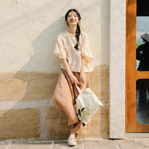 绽放374【甜茶系列·杏仁拿铁】高支砂洗亚麻风琴褶荷叶短袖衬衫 商品图2