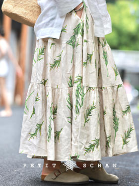 陌上花开 原创迷迭香印花松紧腰亚麻半身裙