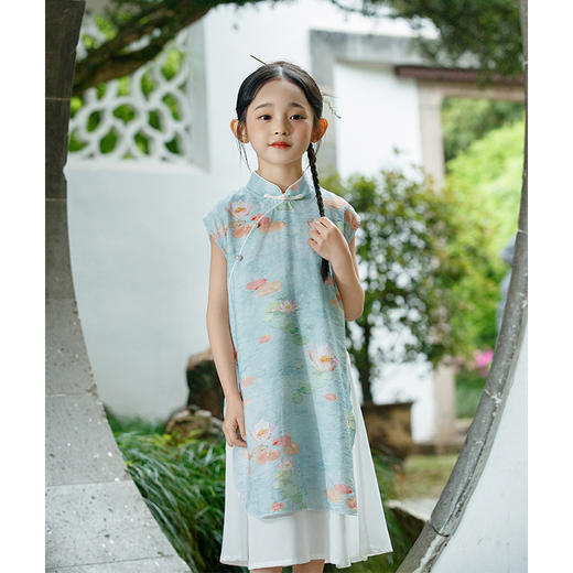 LSB3001女童新中式连衣裙绿色奥黛旗袍夏季2024新款小女孩中国风古风汉服 商品图4