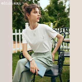OLrain欧芮儿法式白色短袖T恤女夏2024新款冰肤立体刺绣钉珠上衣