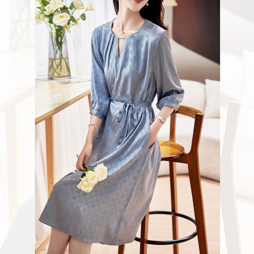 弹力缎真丝连衣裙，中长款七分袖桑蚕丝裙子KQN- 29786 商品图1