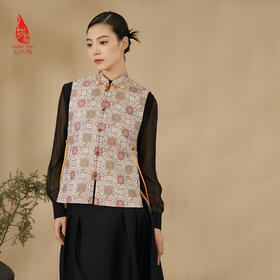 SAINTJOY/上久楷宋锦女士马甲 米绿地五彩霞锦  复古 新中式 马夹 DWS24001