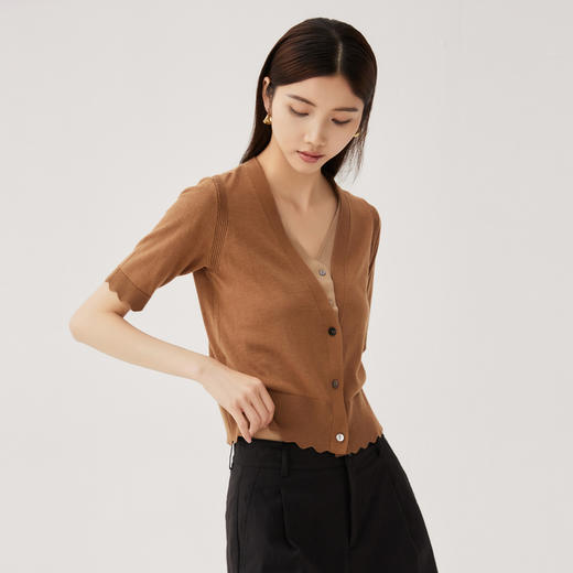 谜底假两件针织开衫短袖女2024秋季新品文艺风V领针织衫243MZ1272 商品图1